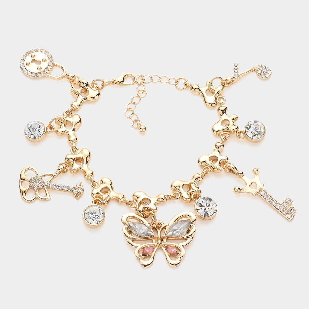 Glass Stone Pointed Butterfly Key Lock Music Note Guitar Charm Bracelet