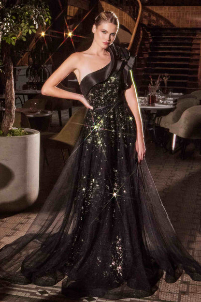 Vestido de gala negro asimétrico de un solo hombro Ladivine CB157