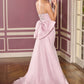 Vestido Ladivine CB167 ajustado con pedrería radiante, escote redondo y cola de lazo sobredimensionado