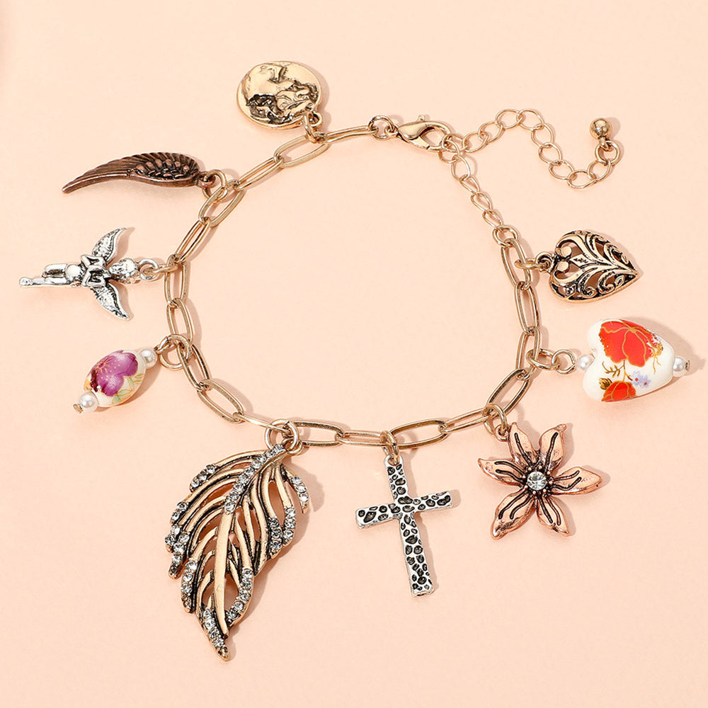Leaf Flower Angel Cross Heart Wing Charm Station Paperclip Chain Bracelet