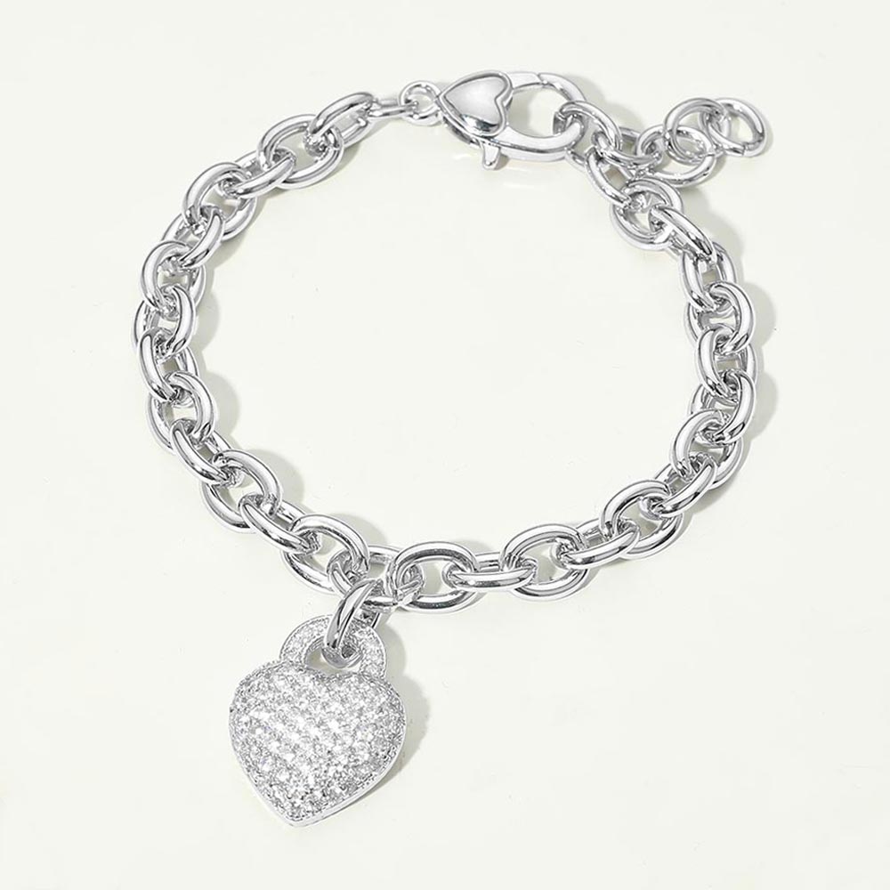 14K Gold Plated CZ Pave Heart Charm Chunky Chain Bracelet