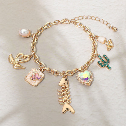 Fishbone Heart Cactus Pearl Flower Charm Station Bracelet