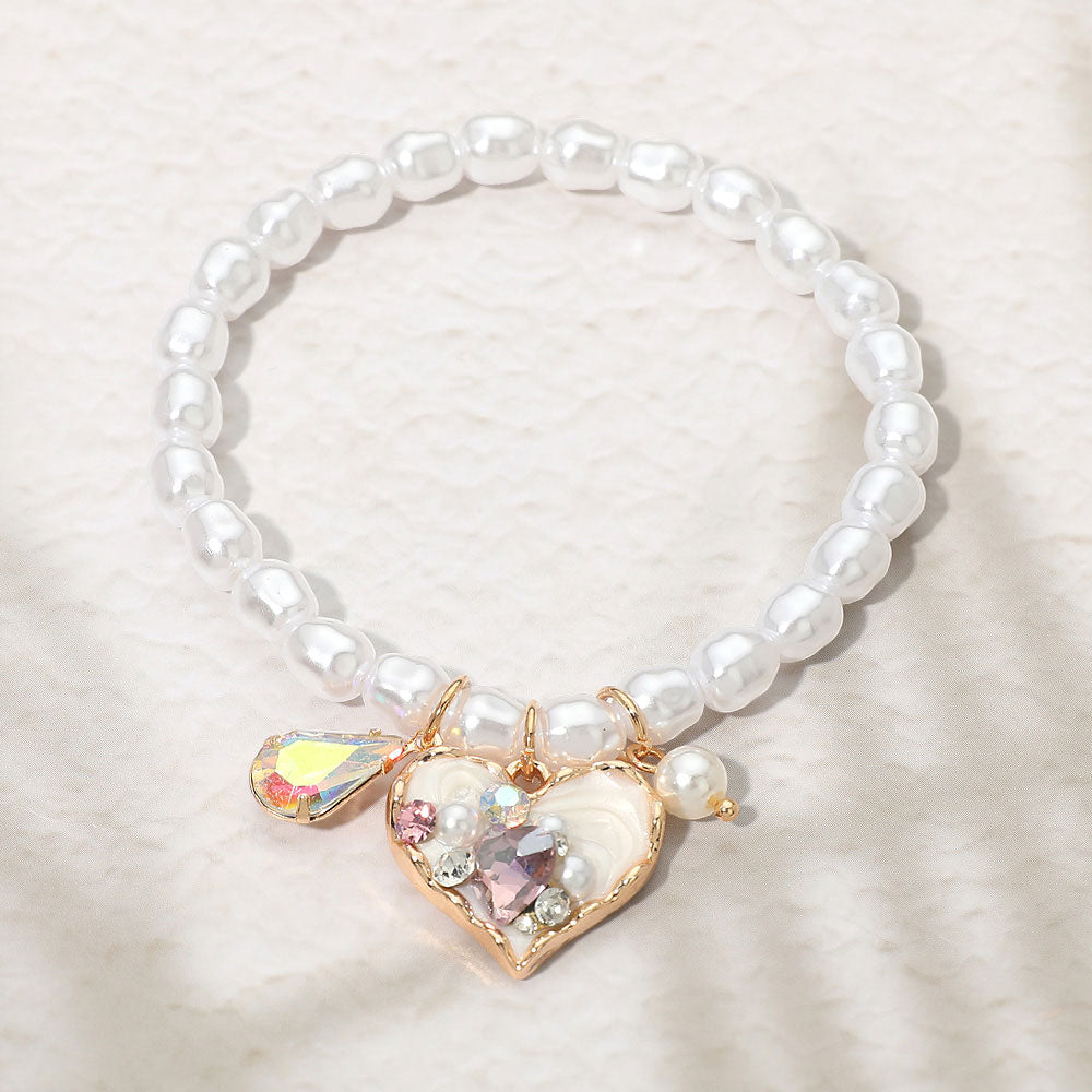 Heart Teardrop Stone Charm Pearl Beaded Stretch Bracelet
