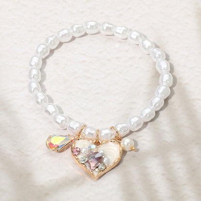 Heart Teardrop Stone Charm Pearl Beaded Stretch Bracelet