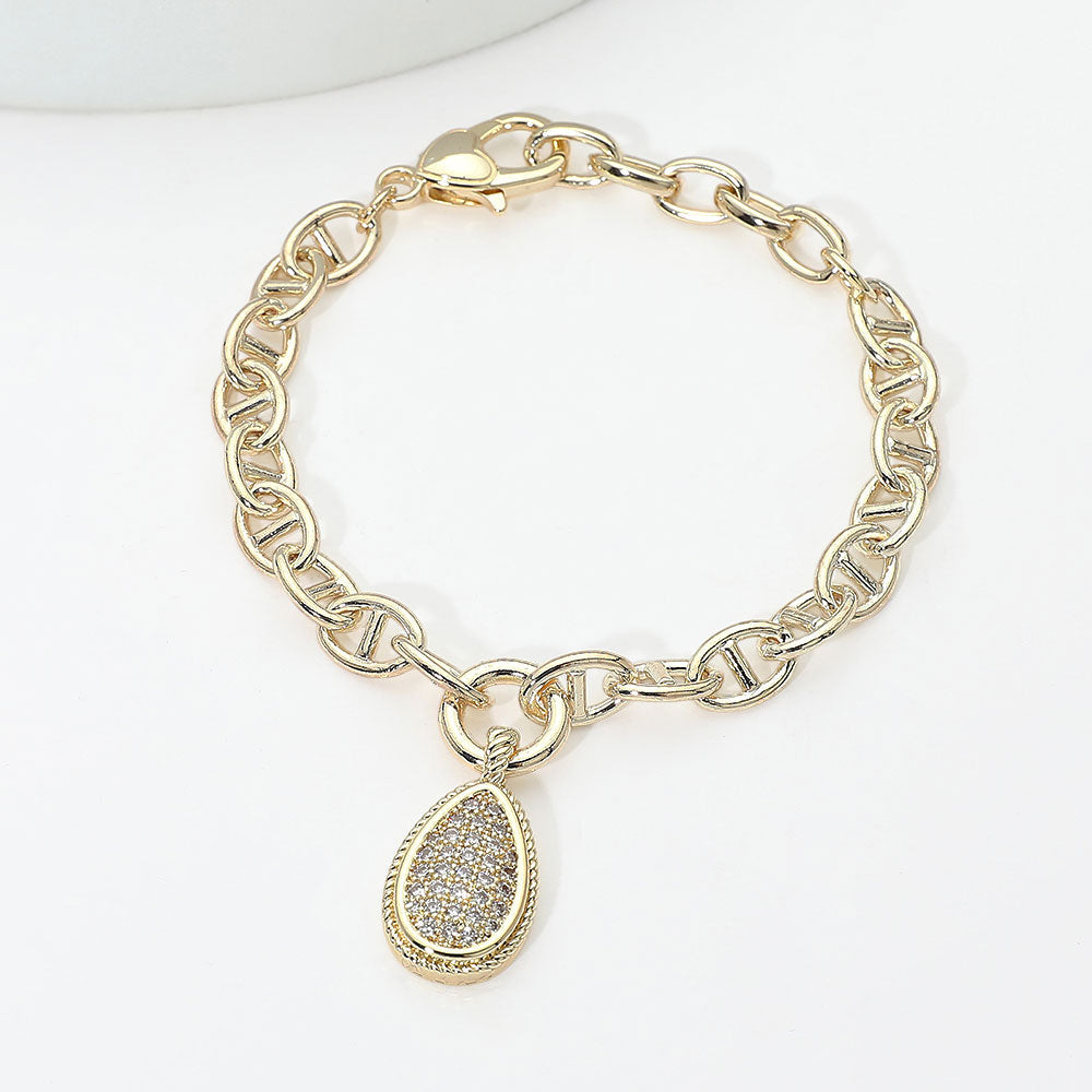 14K Gold Plate CZ Pave Teardrop Charm Mariner Link Chain Bracelet