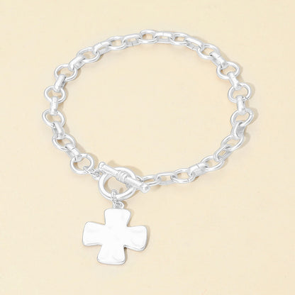 Matte Hammered Metal Cross Charm Toggle Chain Link Bracelet