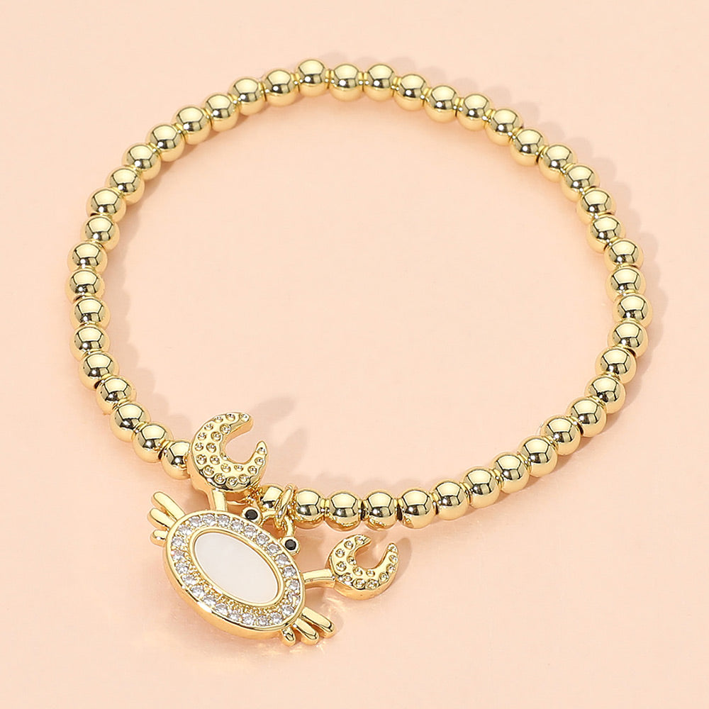 Women's Stainless Steel Mother of Pearl CZ Stone Paved Crab Charm Beaded Stretch Bracelet