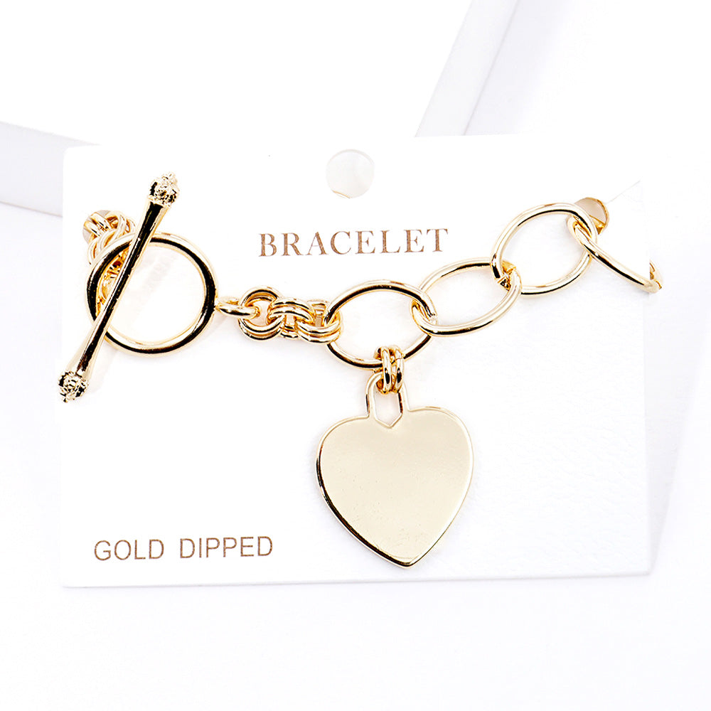 Gold Dipped Metal Heart Lock Charm Toggle Bracelet