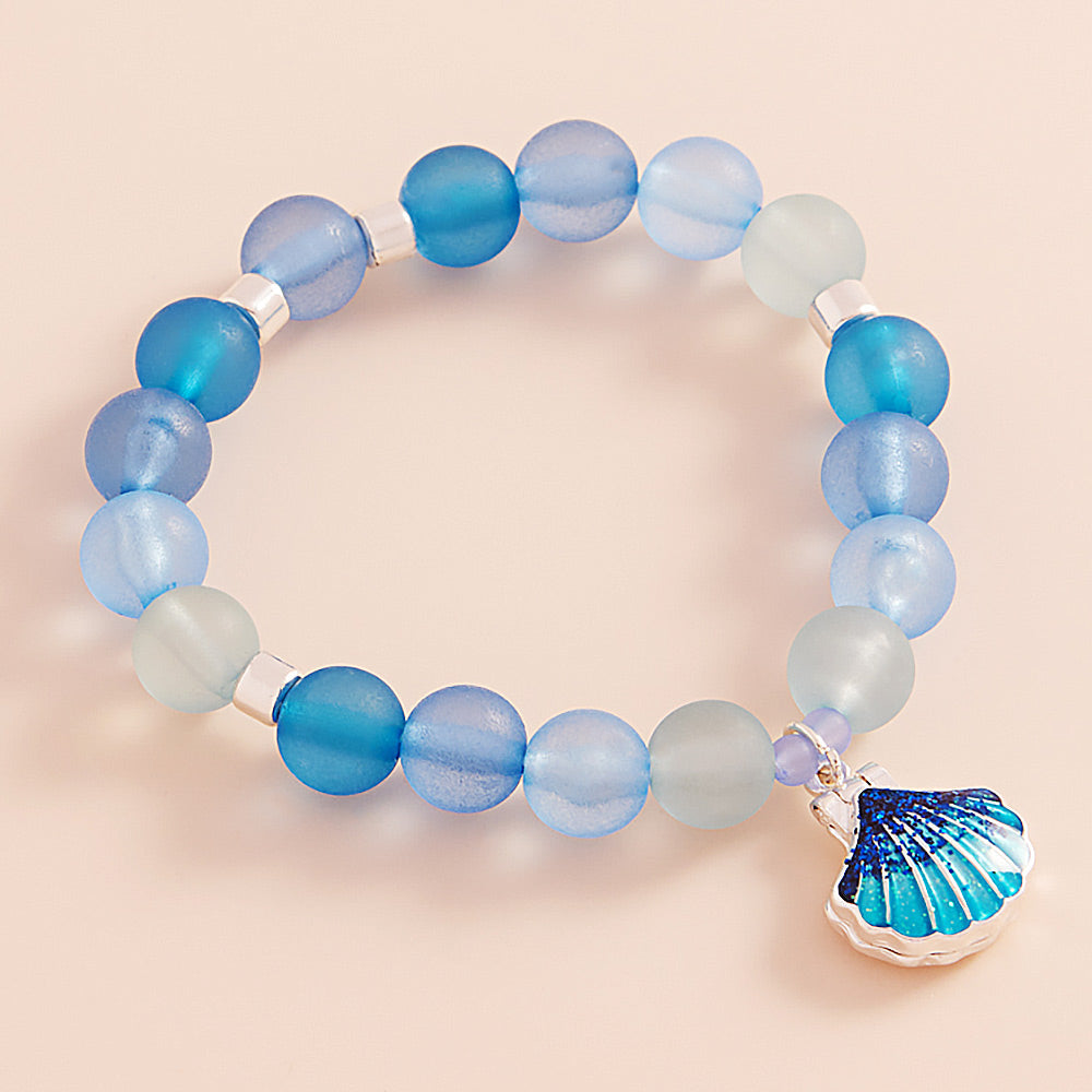 Enamel Seashell Locket Charm Beaded Stretch Bracelet