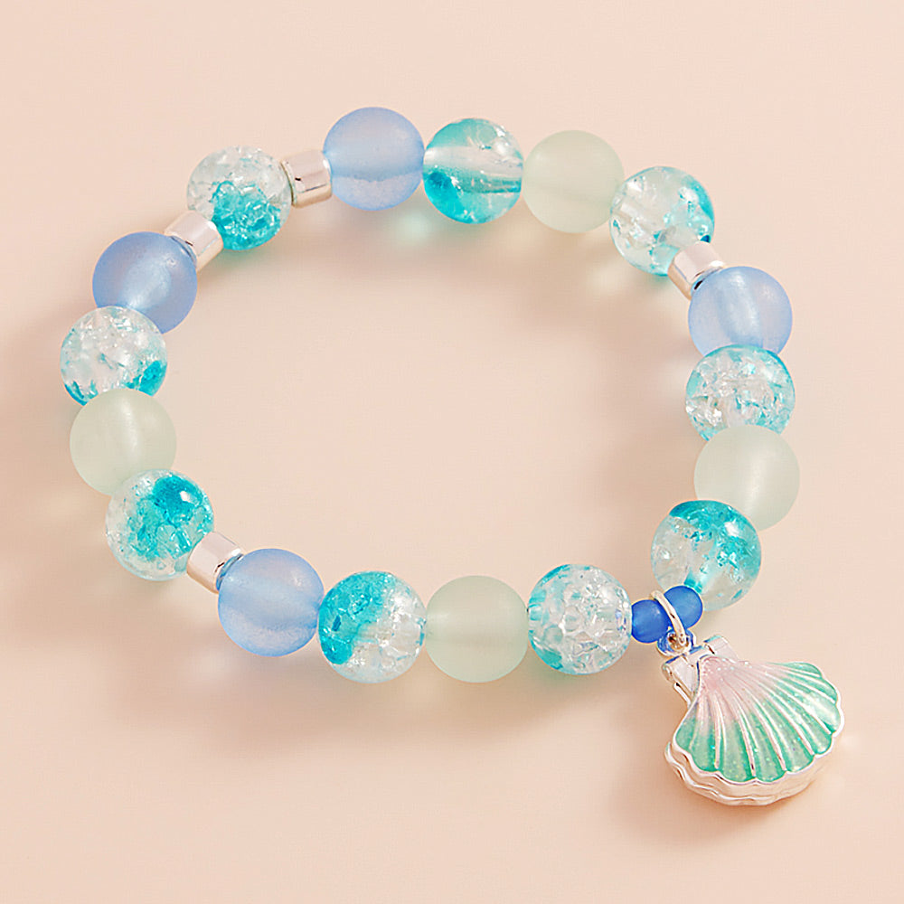 Enamel Seashell Locket Charm Beaded Stretch Bracelet