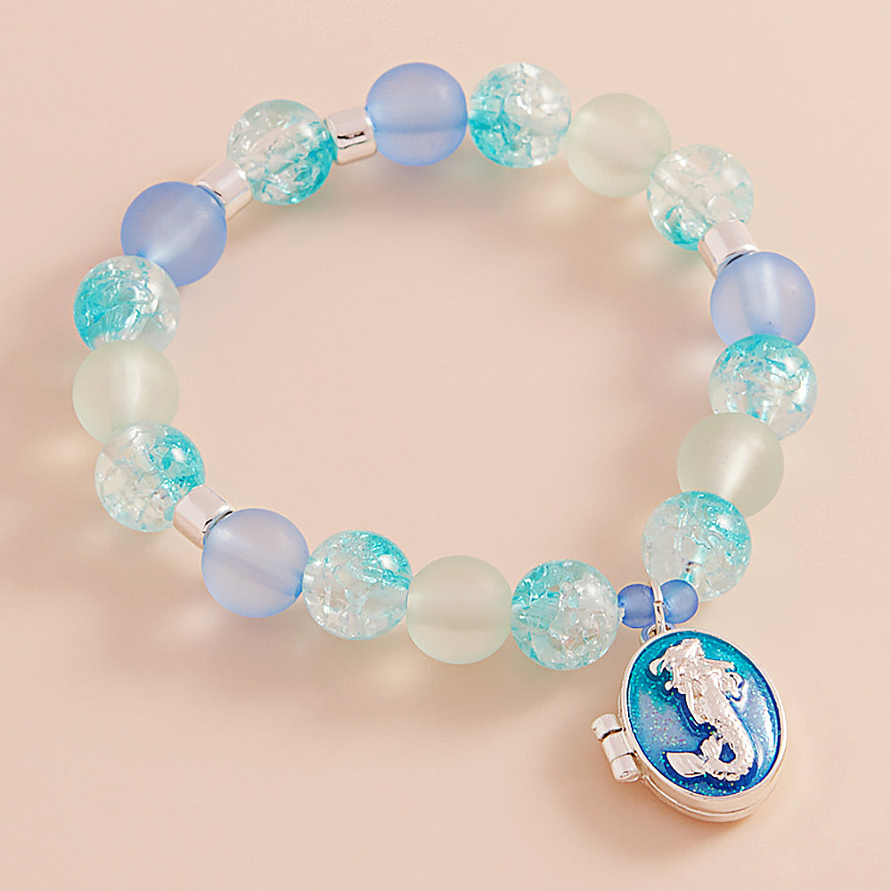 Enamel Oval Mermaid Locket Charm Beaded Stretch Bracelet