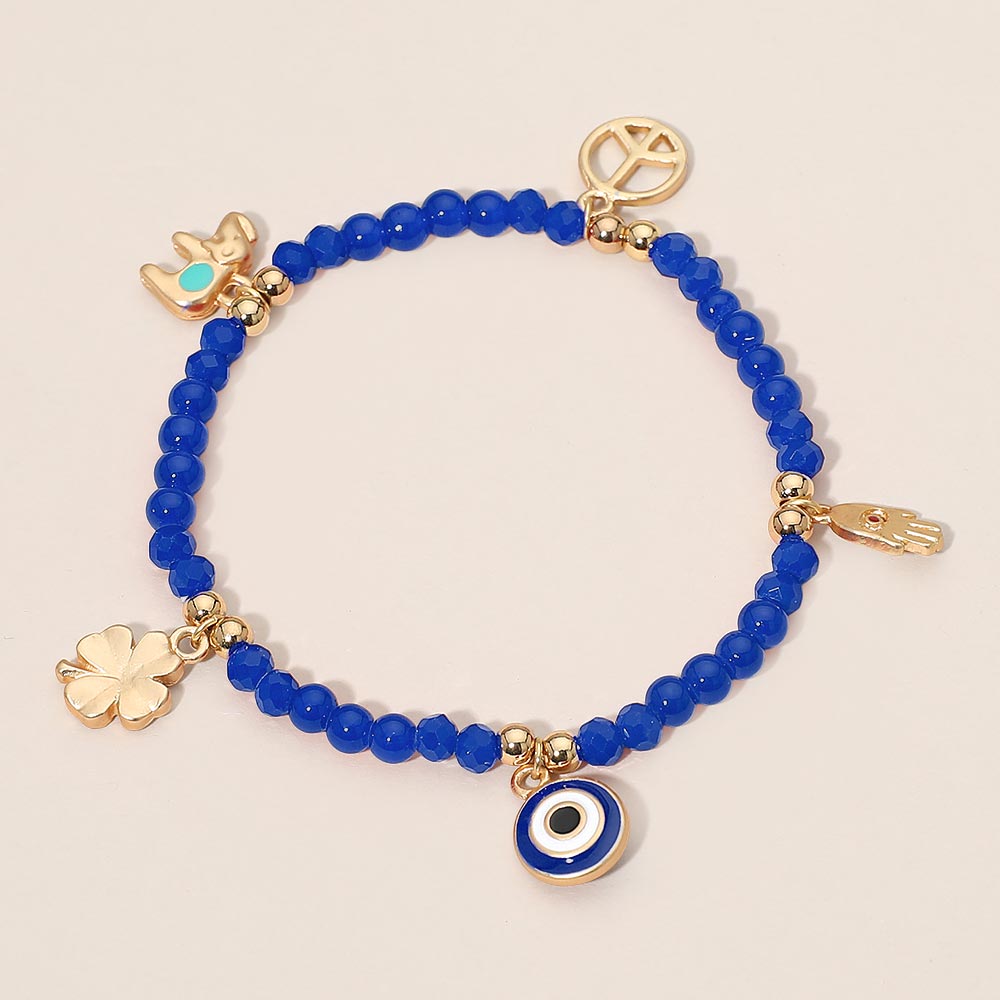 Evil Eye Clover Peace Elephant Hamsa Hand Charm Beaded Stretch Bracelet