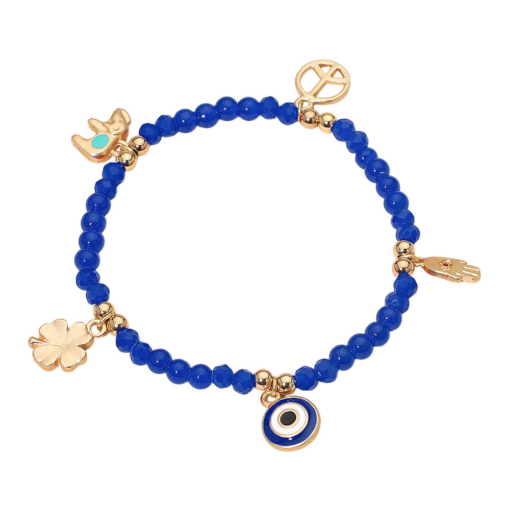 Evil Eye Clover Peace Elephant Hamsa Hand Charm Beaded Stretch Bracelet