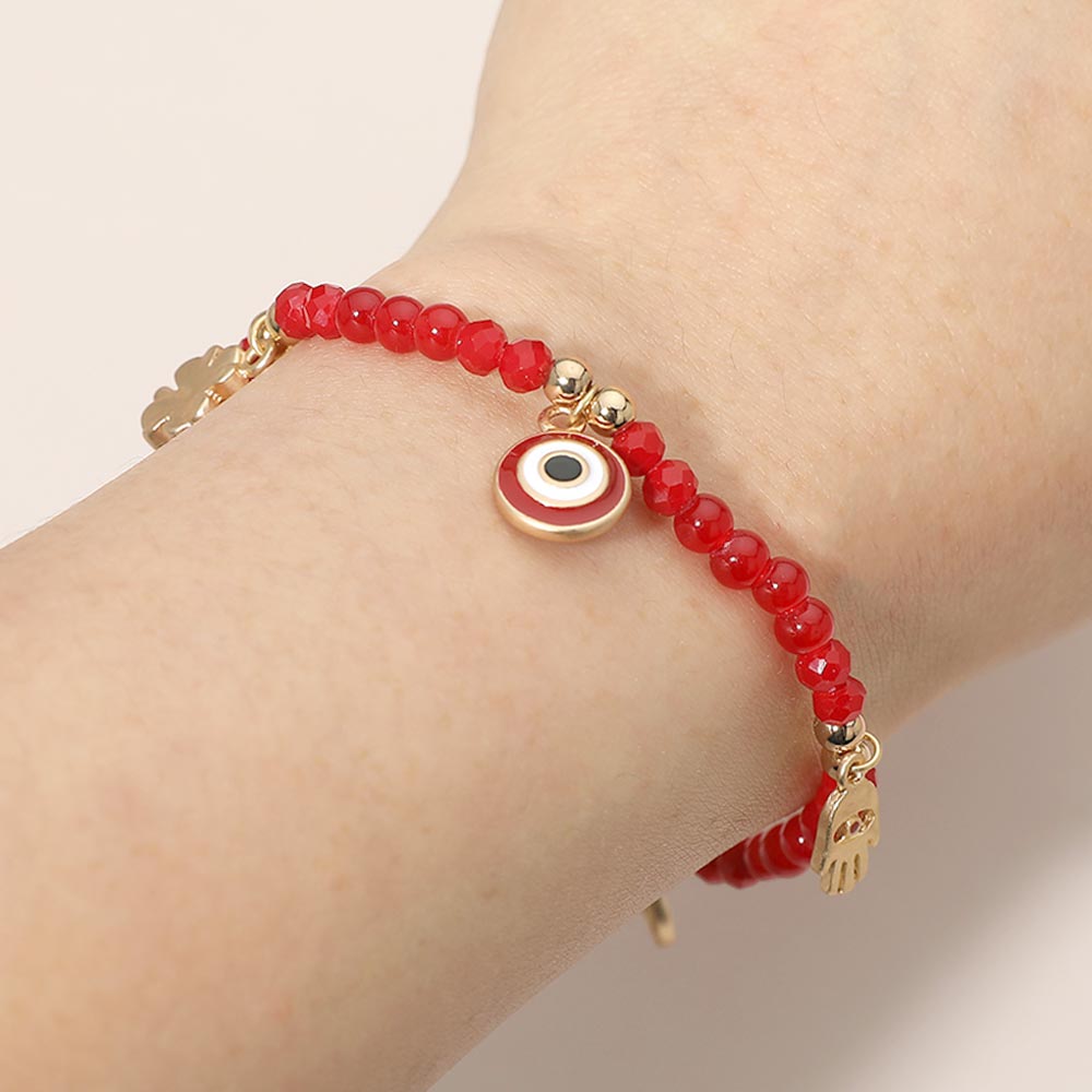 Evil Eye Clover Peace Elephant Hamsa Hand Charm Beaded Stretch Bracelet