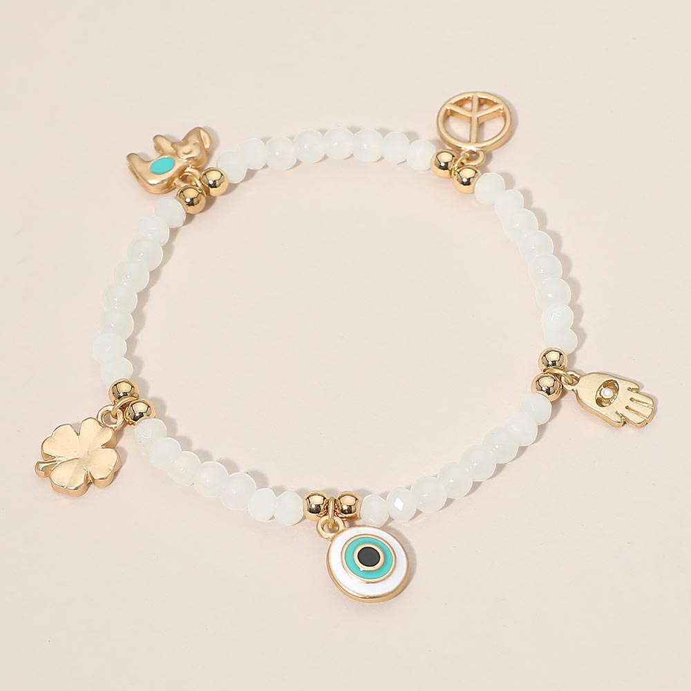 Evil Eye Clover Peace Elephant Hamsa Hand Charm Beaded Stretch Bracelet