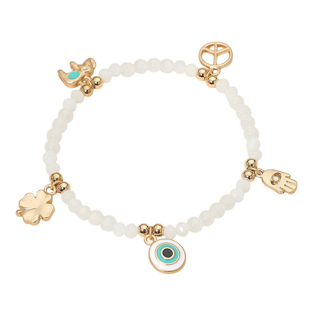 Evil Eye Clover Peace Elephant Hamsa Hand Charm Beaded Stretch Bracelet
