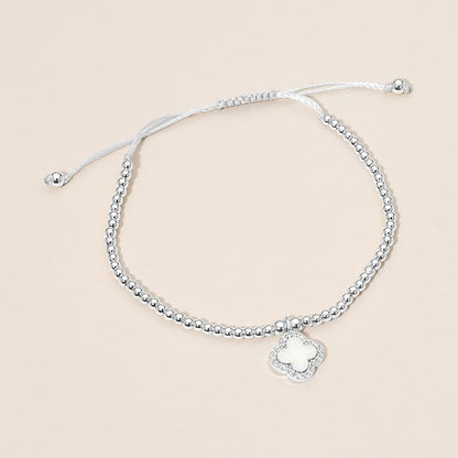 CZ Rim Mother of Pearl Quatrefoil Charm Beaded Adjustable Cinch Pull Tie Bracelet