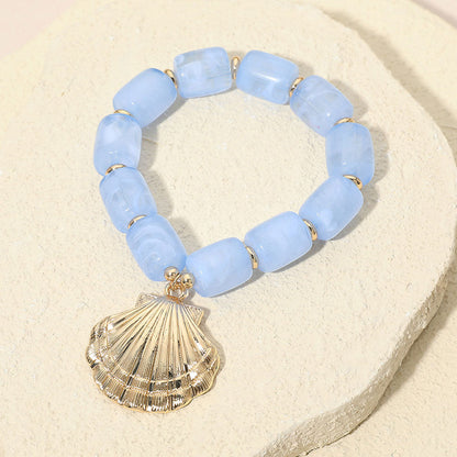 Bold Textured Seashell Charm Chunky Resin Beaded Stretch Bracelet