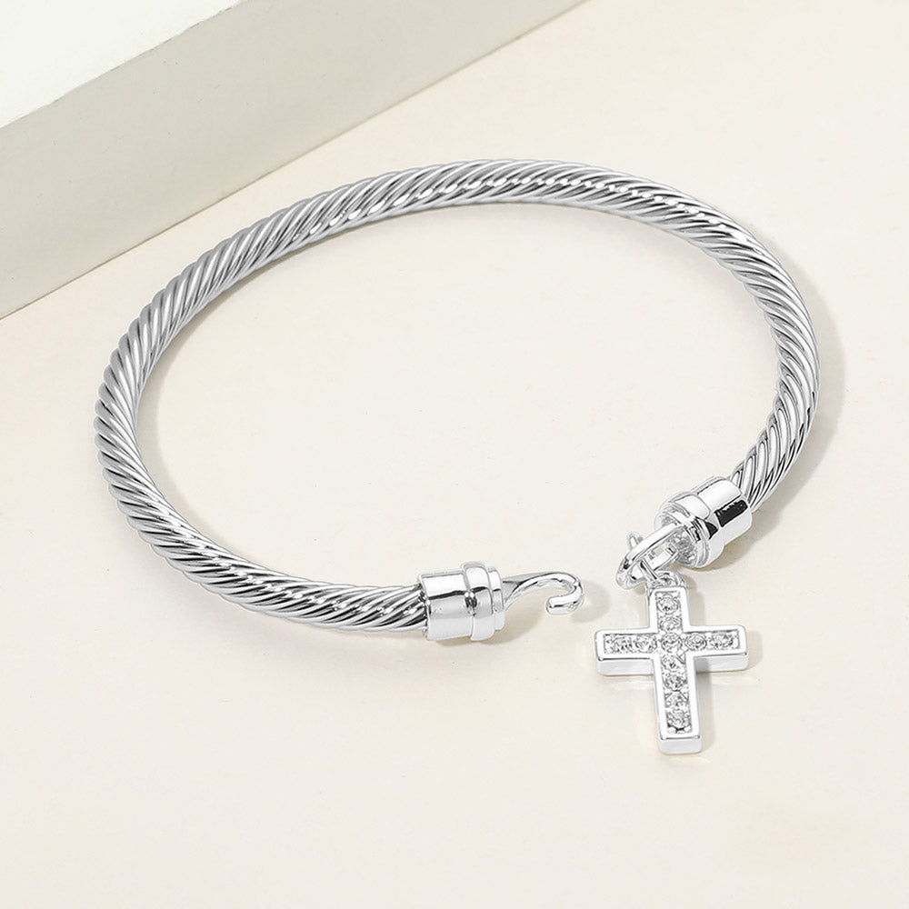 Rhodium Plated CZ Pave Cross Charm Cable Bangle Bracelet
