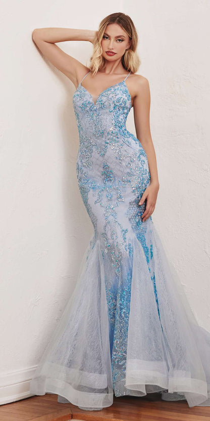 Cinderella Divine CC2279 Vestido largo de sirena con estampado de purpurina