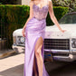 Ladivine CC408 - Vestido largo de satén ajustado con corpiño deshuesado adornado y abertura