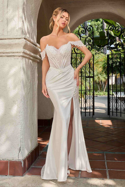 Vestido de noche ajustado Ladivine CC456W de satén elástico brillante color blanco roto
