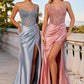 Vestido Ladivine CC467 con escote redondo, sin tirantes, ajustado, de satén para fiesta de graduación