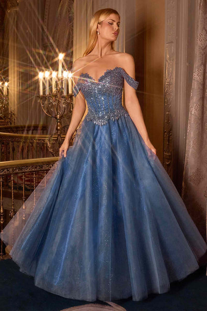 Ladivine CC471 Vestido de gala con corpiño corsé de tul brillante y hombros descubiertos