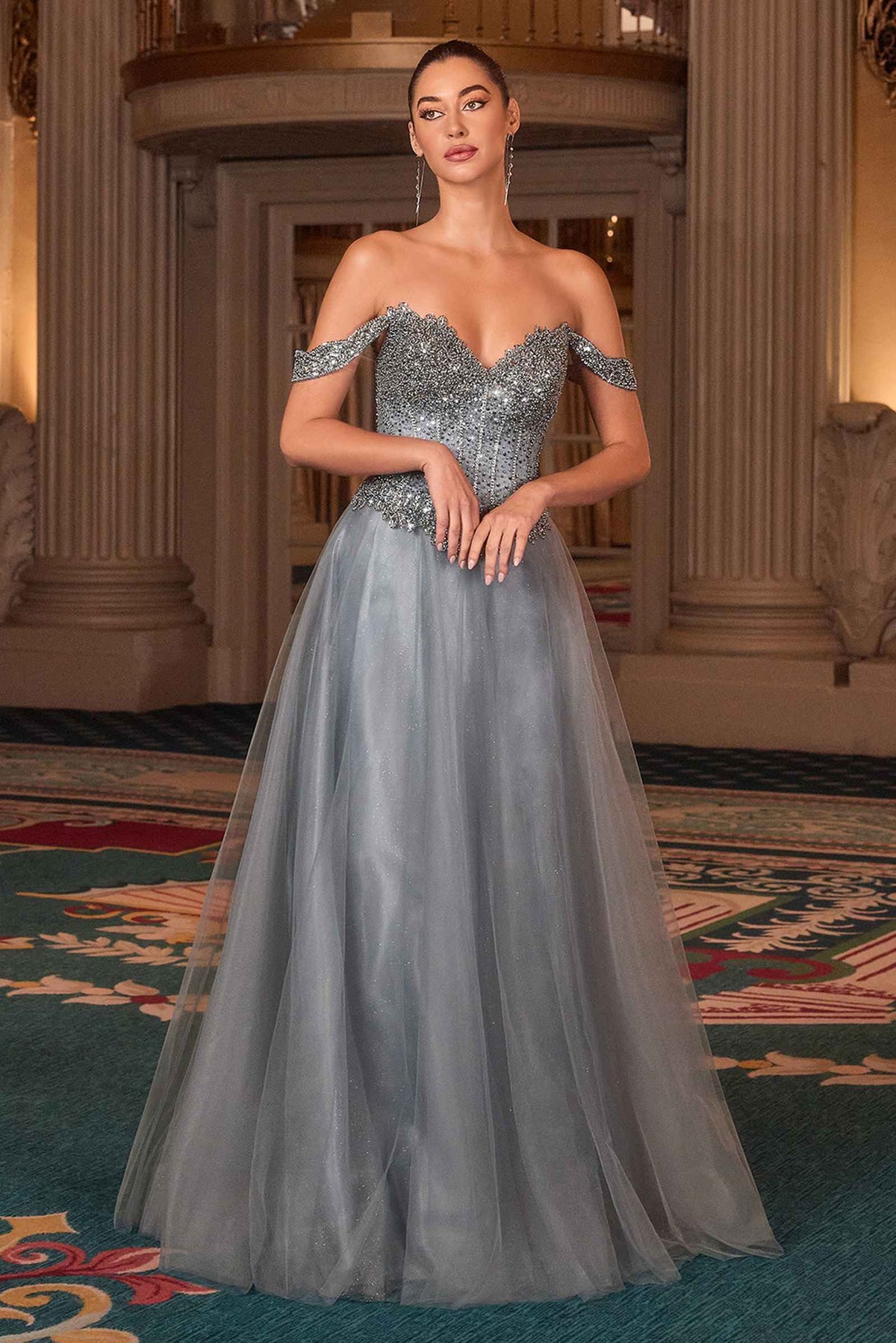 Ladivine CC471 Vestido de gala con corpiño corsé de tul brillante y hombros descubiertos