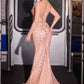 Vestido de Noche Tipo Sirena Entallado sin Tirantes con Corpiño Transparente Adornado con Cristales Ladivine CC8262