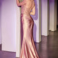 Vestido Ladivine CC8884 de satén dorado rosado ajustado con corpiño de cuentas