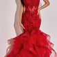 Vestido de cola de sirena largo Ladivine CC8915 con apliques de encaje de rosas y falda a niveles