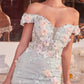 Vestido largo con hombros descubiertos, abertura lateral y apliques florales Ladivine CD005