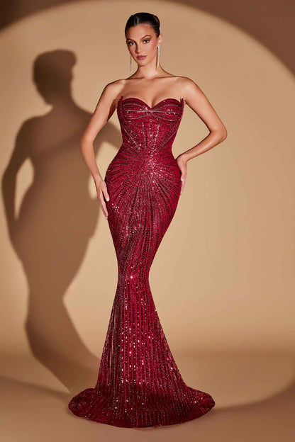 Vestido de noche sirena Ladivine CD0108 ceñido sin tirantes con cristales