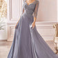 Cinderella Divine CD0171 Flowy Chiffon A-Line Gown 3/4 Length Sleeves