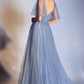 Cinderella Divine CD0175 Floor Length Layered Tulle A-Line Gown Butterfly Sleeve