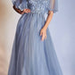Cinderella Divine CD0175 Floor Length Layered Tulle A-Line Gown Butterfly Sleeve