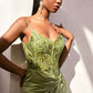 Ladivine CD0176 Vestido largo de satén ajustado con corpiño deshuesado transparente y adornado