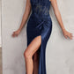 Ladivine CD0176 Vestido largo de satén ajustado con corpiño deshuesado transparente y adornado