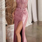 Ladivine CD0176 Vestido largo de satén ajustado con corpiño deshuesado transparente y adornado