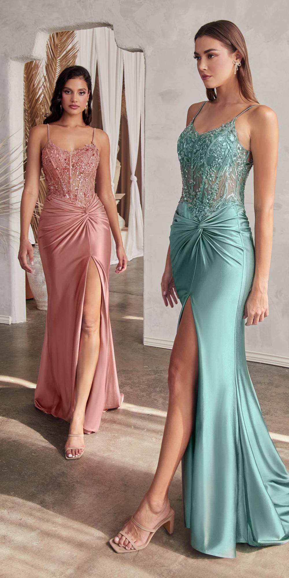 Ladivine CD0176 Vestido largo de satén ajustado con corpiño deshuesado transparente y adornado