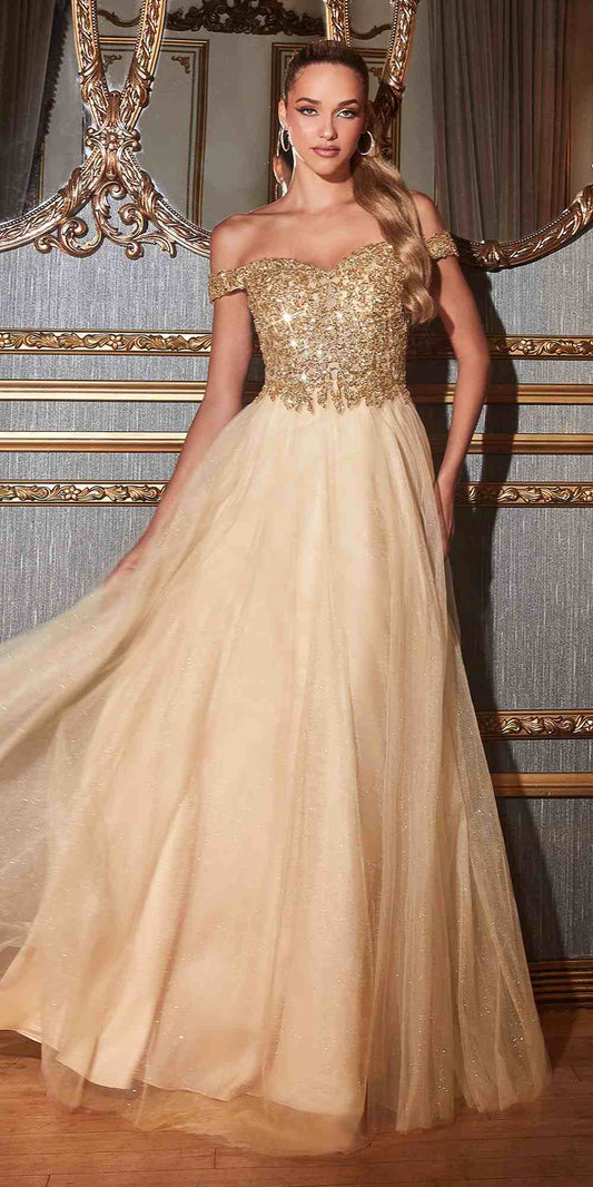 Cinderella Divine CD0177 Vestido de Noche en Tul Glitter con Escote Bardot y Silueta A-Line