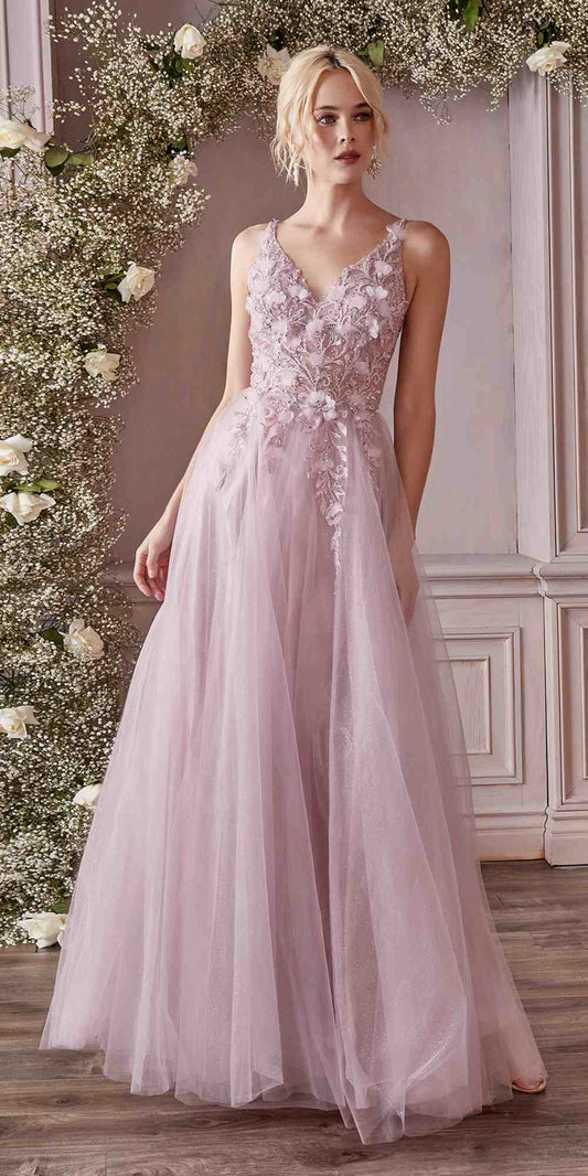 Cinderella Divine CD0181 Vestido largo de tul/encaje con corte en A y motivos florales de encaje