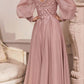 Cinderella Divine CD0183 Puff Long Sleeve Chiffon Formal Gown