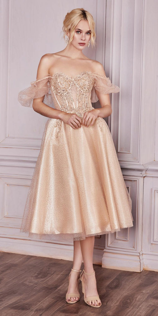 Cenicienta Divine CD0187 Vestido de tul en capas hasta la rodilla con mangas abullonadas cortas