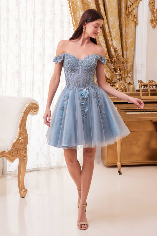 Cinderella Divine CD0194 Vestido Corto de Tul Línea A con Hombros Descubiertos