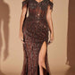 Ladivine CD0203 Long Off the Shoulder Sequin Gown with Slit