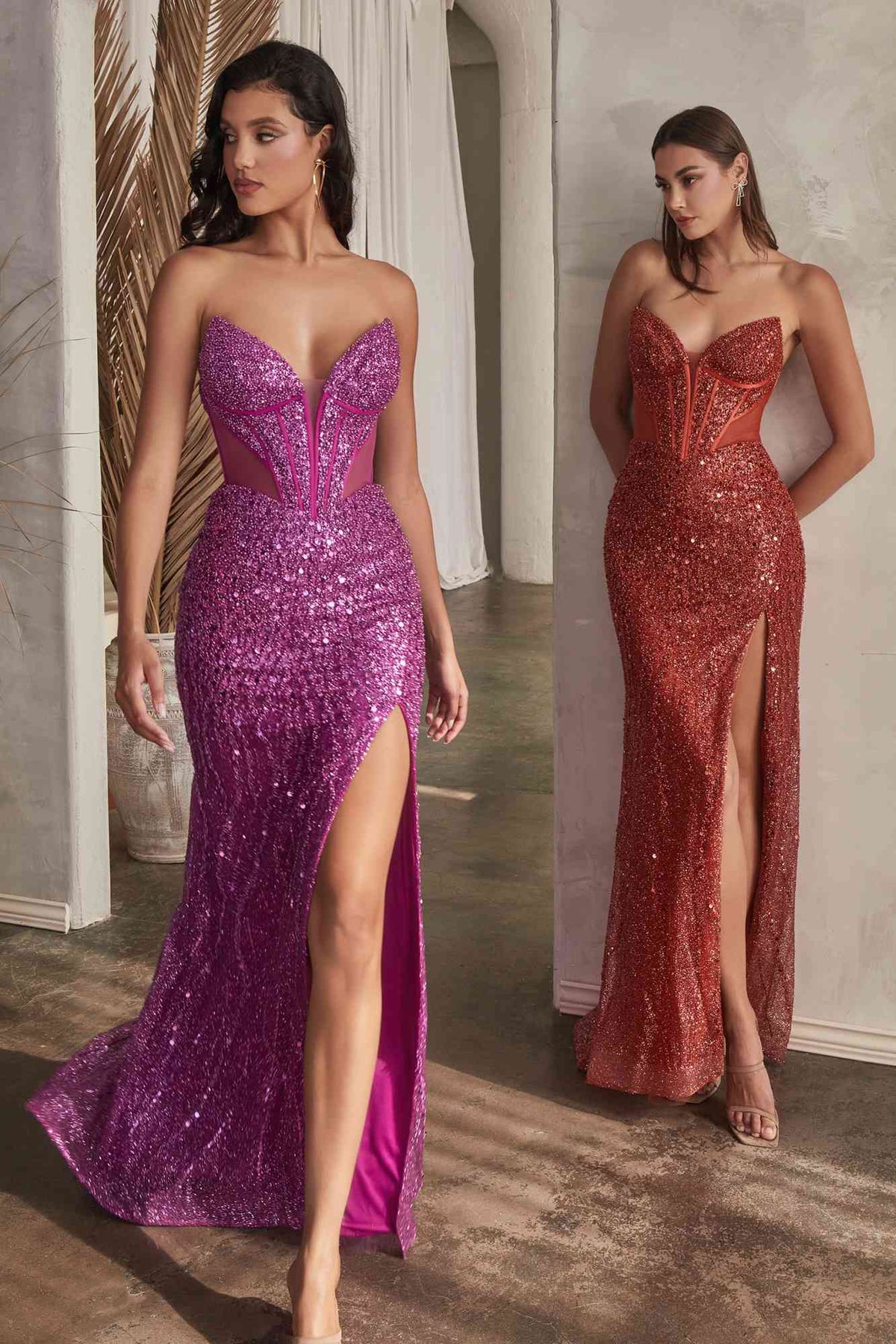 Vestido de noche formal largo sin tirantes, adornado con cuentas, Ladivine CD0227