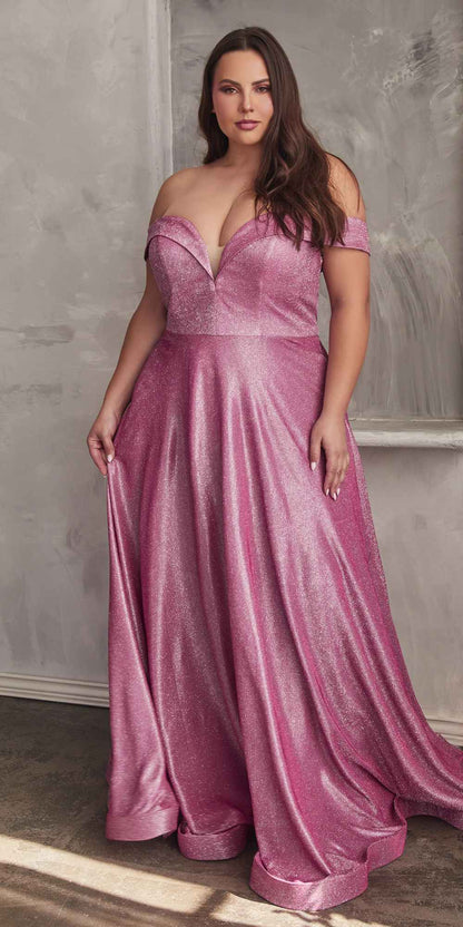 Cinderella Divine CD210C Vestido de Noche Acampanado con Hombros Descubiertos y Brillo Metálico