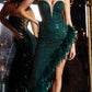 Cinderella Divine CD229 One-of-A-Kind High Low Sequin Formal Gown with Feathers